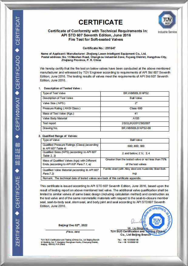 API 607 ​​Fire Certification (BR.W8/600 LB NPS2)